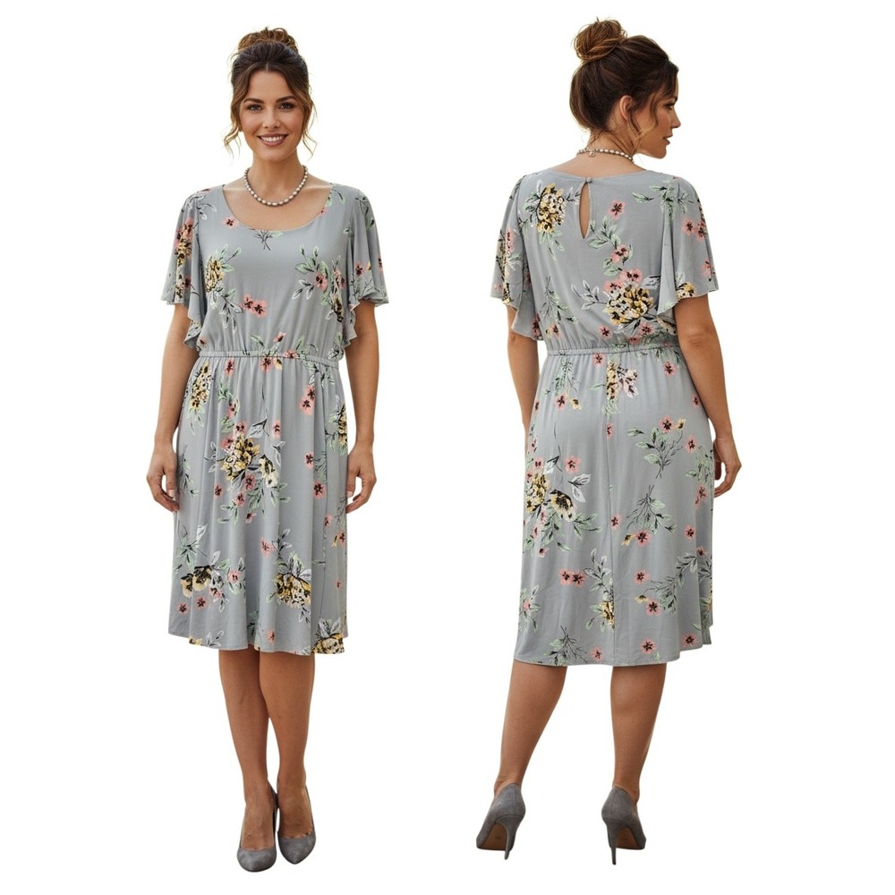 Torrid‎ Grey Floral Flutter Sleeve Midi Dress Plus Size 2X Elastic Waist Knit